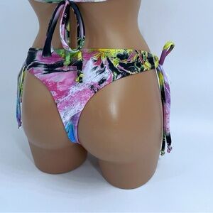 Marble Print Tie-Side Bikini thong Bottoms — Pink & Multicolor
